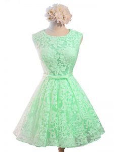 Gorgeous Sleeveless Lace Knee Length Lace Up Quinceanera Court Dresses in Apple Green with Belt