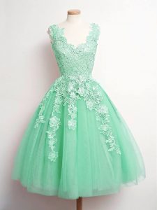 Cheap Apple Green Sleeveless Lace Knee Length Dama Dress for Quinceanera