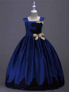 Sleeveless Taffeta Floor Length Zipper Pageant Gowns For Girls in Royal Blue with Appliques and Bowknot
