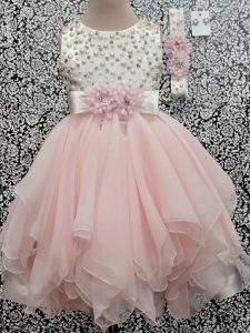 Simple Beading and Hand Made Flower Child Pageant Dress Baby Pink Backless Sleeveless Asymmetrical