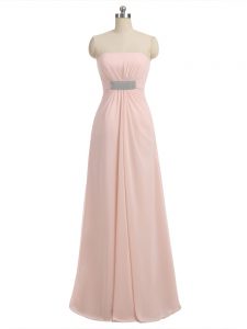 Baby Pink Empire Strapless Sleeveless Chiffon Floor Length Side Zipper Beading Damas Dress