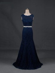 Sleeveless Floor Length Beading Backless Mother Dresses with Navy Blue