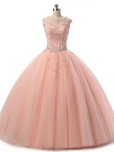 Superior Peach Sweet 16 Quinceanera Dress Military Ball and Sweet 16 and Quinceanera with Beading and Lace Scoop Sleeveless Lace Up