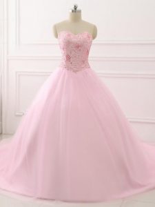 Fashion Ball Gowns Sleeveless Baby Pink Vestidos de Quinceanera Brush Train Lace Up
