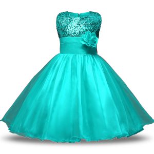 Flare Turquoise Organza and Sequined Zipper Flower Girl Dresses Sleeveless Knee Length Bowknot and Belt and Hand Made Flower