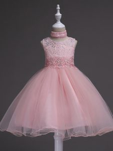 Sleeveless Knee Length Beading and Lace Zipper Toddler Flower Girl Dress with Baby Pink
