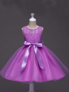Sleeveless Tulle Knee Length Zipper Flower Girl Dresses in Lilac with Lace and Belt