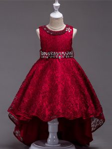Custom Design Wine Red Lace Lace Up Little Girls Pageant Dress Wholesale Sleeveless High Low Beading