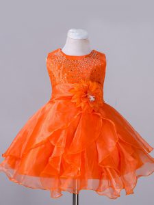 Adorable Orange Red Little Girls Pageant Gowns Wedding Party with Beading and Hand Made Flower Scoop Sleeveless Zipper