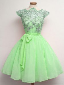 Flare A-line Quinceanera Court of Honor Dress Scalloped Chiffon Cap Sleeves Knee Length Lace Up