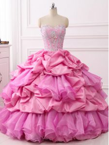 Beading and Ruffles and Pick Ups Sweet 16 Quinceanera Dress Rose Pink Lace Up Sleeveless Floor Length