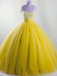 Smart Yellow Tulle Lace Up Strapless Sleeveless Floor Length Vestidos de Quinceanera Beading
