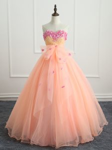 Sleeveless Floor Length Beading and Appliques and Bowknot Lace Up Quinceanera Gown with Peach