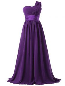 One Shoulder Sleeveless Dama Dress Floor Length Ruching Purple Chiffon