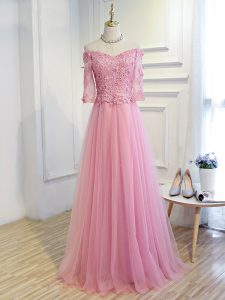 Pink 3 4 Length Sleeve Tulle Lace Up Mother of the Bride Dress for Prom and Party and Military Ball and Sweet 16