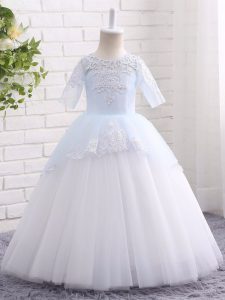 Tulle Half Sleeves Floor Length Little Girls Pageant Dress and Appliques