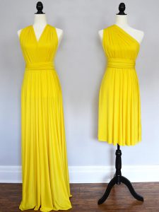 Flirting Floor Length Lace Up Vestidos de Damas Yellow for Prom and Party and Wedding Party with Ruching