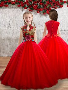 Best Floor Length Red Child Pageant Dress High-neck Sleeveless Lace Up