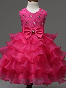Best Hot Pink Scoop Zipper Lace and Ruffled Layers and Bowknot Kids Formal Wear Sleeveless