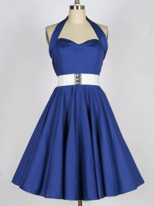 Elegant Knee Length Blue Quinceanera Court Dresses Halter Top Sleeveless Lace Up