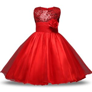 Scoop Sleeveless Organza and Sequined Flower Girl Dress Bowknot and Belt and Hand Made Flower Zipper