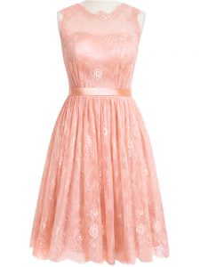 Gorgeous Peach Lace Zipper Quinceanera Dama Dress Sleeveless Knee Length Lace