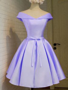Sweet Lavender Lace Up Vestidos de Damas Belt Cap Sleeves Knee Length
