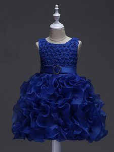 High End Royal Blue Ball Gowns Ruffles and Belt Girls Pageant Dresses Lace Up Organza Sleeveless Knee Length