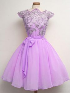 Pretty Chiffon Cap Sleeves Knee Length Quinceanera Court Dresses and Lace and Belt