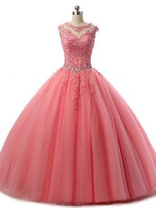 Glamorous Sleeveless Floor Length Beading and Lace Lace Up Vestidos de Quinceanera with Watermelon Red