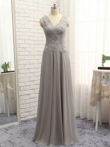 Grey Chiffon Zipper V-neck Sleeveless Floor Length Mother of Bride Dresses Lace and Appliques
