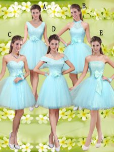 Sleeveless Tulle Knee Length Lace Up Quinceanera Court Dresses in Aqua Blue with Lace and Belt