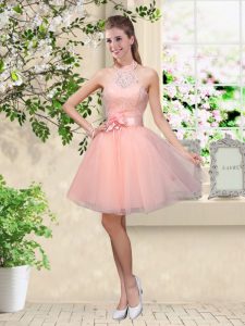 Popular Peach Quinceanera Court of Honor Dress Prom and Party with Lace and Belt Halter Top Sleeveless Lace Up
