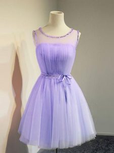 Pretty Lavender Tulle Lace Up Scoop Sleeveless Knee Length Court Dresses for Sweet 16 Belt