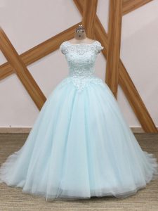 Light Blue Ball Gowns Tulle Scoop Sleeveless Beading and Lace Zipper Quinceanera Dresses Brush Train