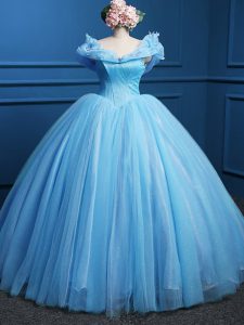 Artistic Sleeveless Floor Length Appliques Zipper Ball Gown Prom Dress with Baby Blue