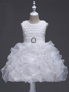 White Sleeveless Knee Length Ruffles and Belt Lace Up Pageant Dress Womens