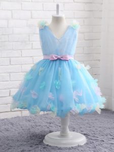 Baby Blue Sleeveless Knee Length Appliques and Hand Made Flower Zipper Glitz Pageant Dress