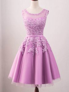 Glamorous Sleeveless Tulle Knee Length Lace Up Court Dresses for Sweet 16 in Lilac with Lace