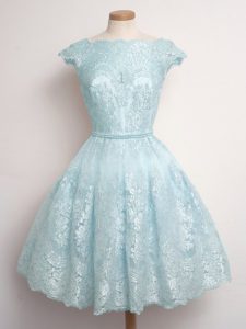 Super Light Blue A-line Scalloped Cap Sleeves Lace Knee Length Lace Up Lace Quinceanera Court of Honor Dress