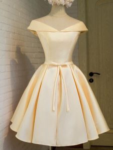 Champagne A-line Taffeta Off The Shoulder Cap Sleeves Belt Knee Length Lace Up Quinceanera Dama Dress