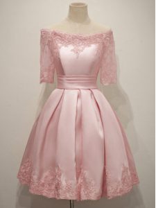 Inexpensive Knee Length Pink Quinceanera Court of Honor Dress V-neck Half Sleeves Lace Up