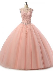 Floor Length Peach Quinceanera Dress Tulle Sleeveless Beading and Lace