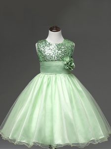 Great Apple Green Tulle Zipper Winning Pageant Gowns Sleeveless Knee Length Sequins and Hand Made Flower