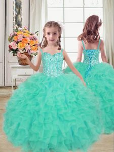 Floor Length Turquoise Little Girls Pageant Dress Wholesale Straps Sleeveless Lace Up
