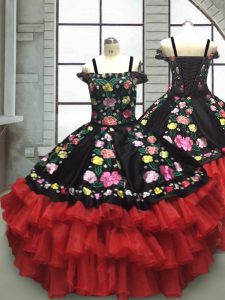 Red And Black Organza Lace Up Little Girl Pageant Dress Sleeveless Floor Length Embroidery and Ruffled Layers