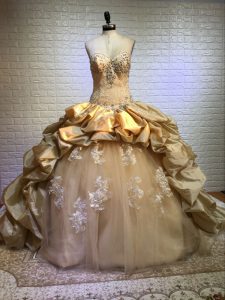 Eye-catching Gold Sleeveless Taffeta and Tulle Court Train Lace Up Sweet 16 Dresses for Military Ball and Sweet 16 and Quinceanera