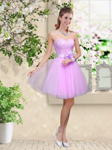 Sleeveless Tulle Knee Length Lace Up Court Dresses for Sweet 16 in Lavender with Lace and Belt