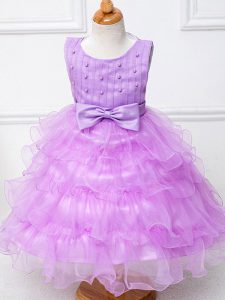 Beauteous Lilac Organza Zipper Pageant Dress for Teens Sleeveless Tea Length Ruffled Layers and Bowknot