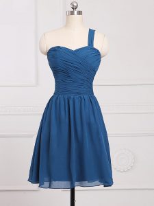 Blue Dama Dress for Quinceanera Prom and Party and Wedding Party with Ruching One Shoulder Sleeveless Zipper
